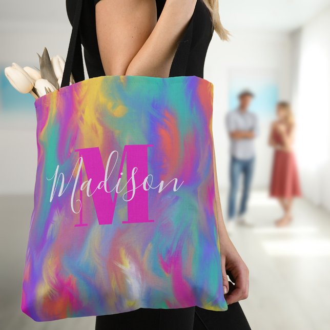 Abstract Paint Teal Yellow Purple Pink Monogram  Tote Bag (Modern abstract colorful splatter paint monogram tote bag)