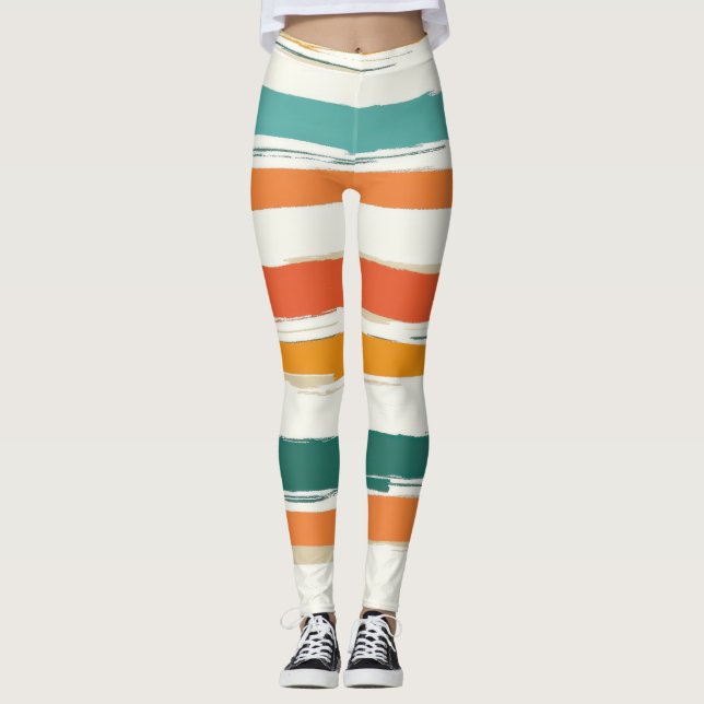 Abstract Painted Horizontal Brush Stripes Boho Leggings (Front)