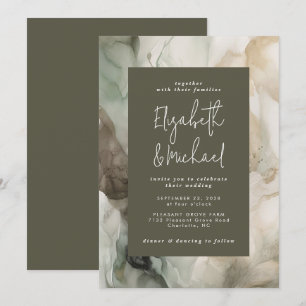 Abstract Painted Modern Dark Green Wedding Invitation