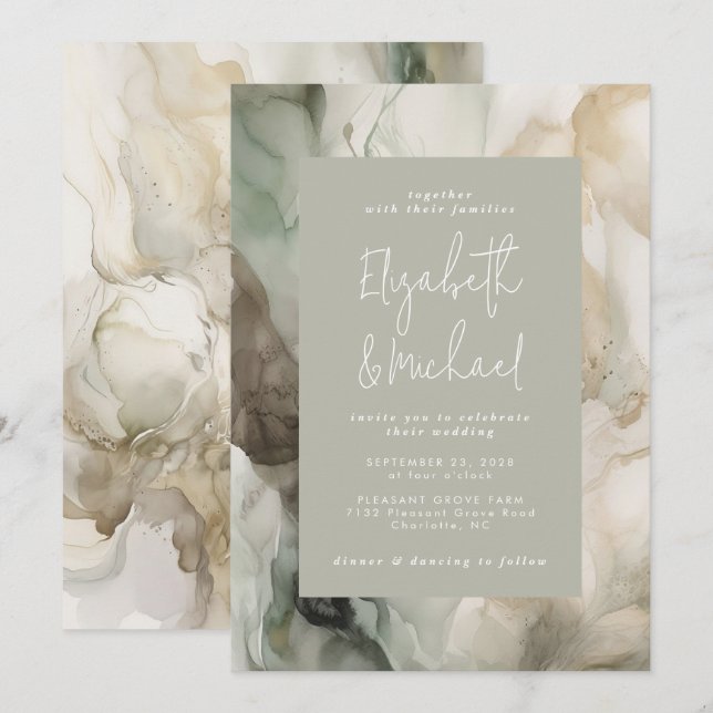 Abstract Painted Modern Sage Green Wedding Invitation (Front/Back)