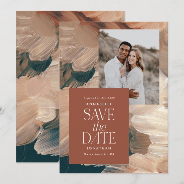 Abstract painted modern teal terracotta chic photo invitation (Front/Back)
