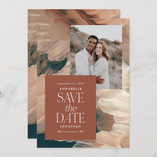 Abstract painted modern teal terracotta chic photo invitation