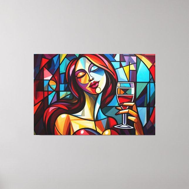 Abstract painting of woman enjoying wine on canvas print (Front)