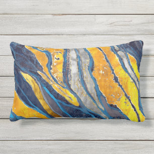 Abstract painting, stripes, gold, silver, blue lumbar cushion
