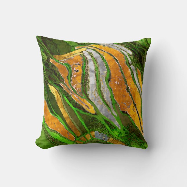 Abstract painting, stripes, gold, silver, green cushion (Front)