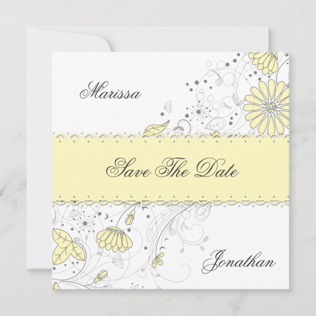 Abstract Pale Yellow Grey Flowers Save The Date (Front)