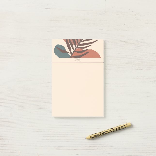 Abstract palm leaf minimalist art monogram post-it notes (On Desk)