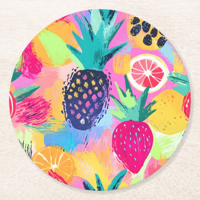 Abstract Paradise Tropical Fruit Fiesta Round Paper Coaster (Front)
