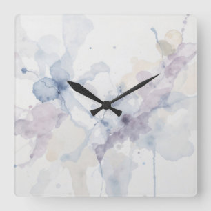 Abstract Pastel Blue and Purple Fluid Ink Splatter Square Wall Clock