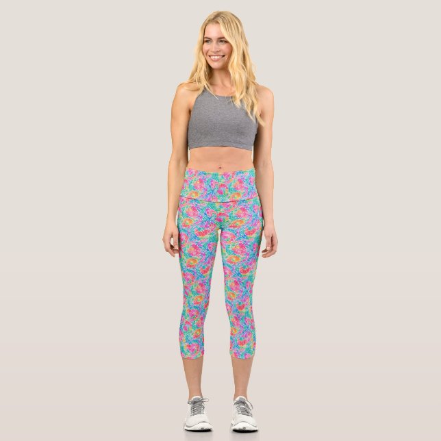 Abstract Pastel Colours Prawn Coral Reef Watercolo Capri Leggings (Front)