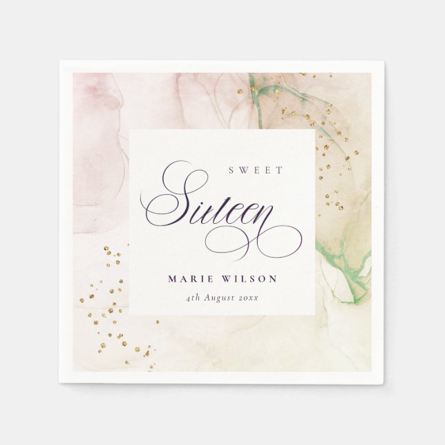 Abstract Pastel Dusky Pink Green Sweet 16 Birthday Napkin (Front)