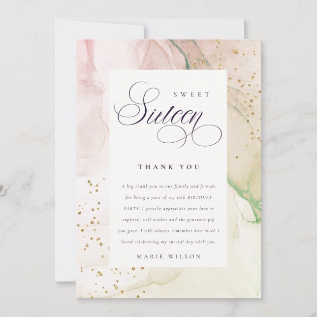 Abstract Pastel Dusky Pink Green Sweet 16 Birthday Thank You Card (Front)