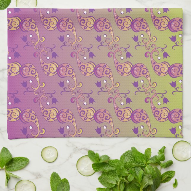 Abstract Pastel Green and Pink Paisley Floral Tea Towel (Folded)