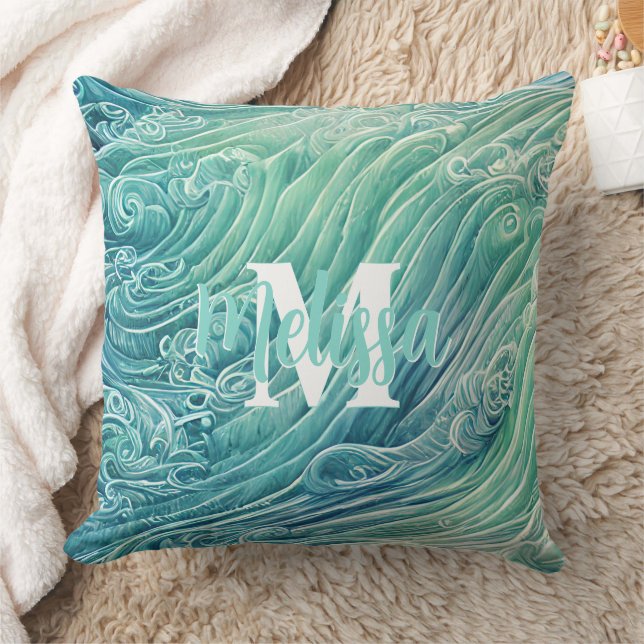 Abstract Pastel Ocean Waves Monogram Cushion (Blanket)