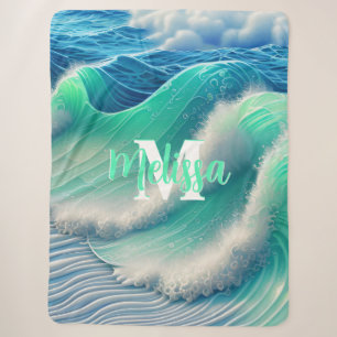 Abstract pastel ocean waves Monogrammed Sherpa Blanket