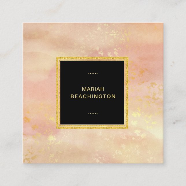 *~* Abstract Pastel Peach Pink Gold Glitter Dust Square Business Card (Front)