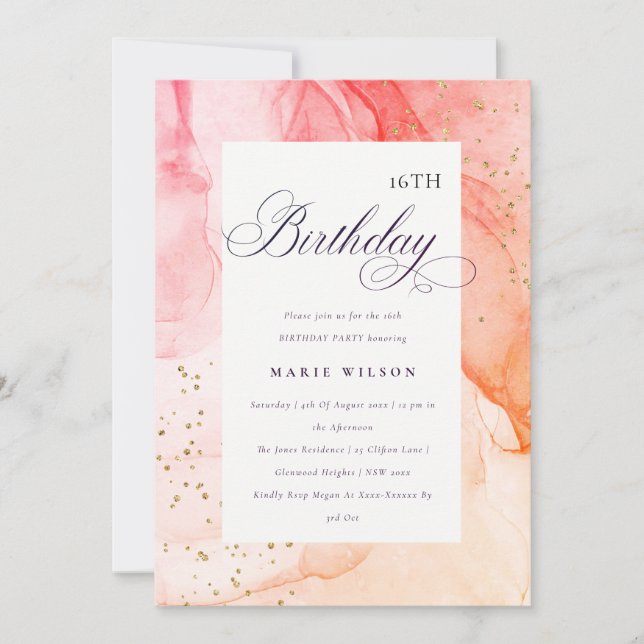 Abstract Pastel Pink Orange Any Age Birthday Invitation (Front)