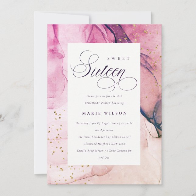 Abstract Pastel Pink Purple Navy Sweet 16 Birthday Invitation (Front)