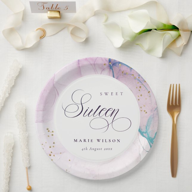Abstract Pastel Purple Blue Teal Sweet 16 Birthday Paper Plate (Wedding)