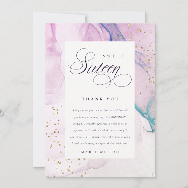 Abstract Pastel Purple Blue Teal Sweet 16 Birthday Thank You Card (Front)
