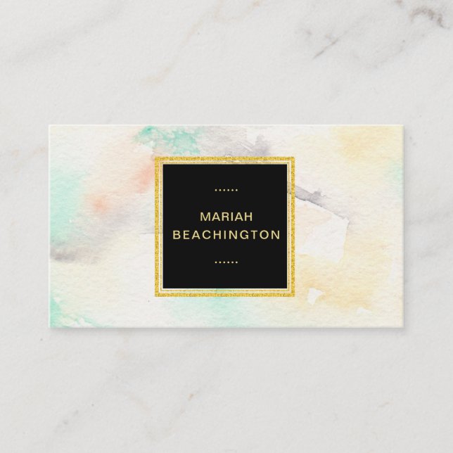 *~* Abstract Pastel Watercolor  Glitter Gold Frame Business Card (Front)