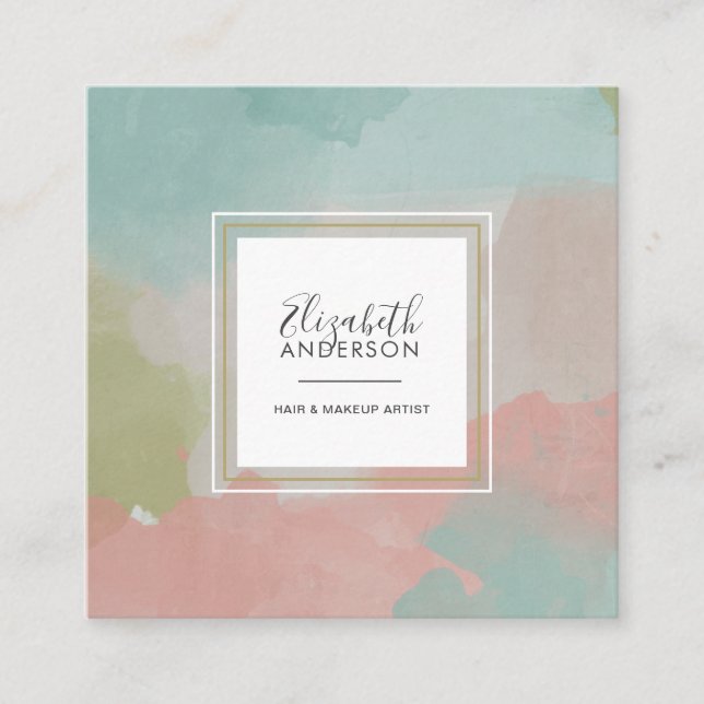 Abstract Pastel Watercolors Makeup Artist Square Business Card (Front)