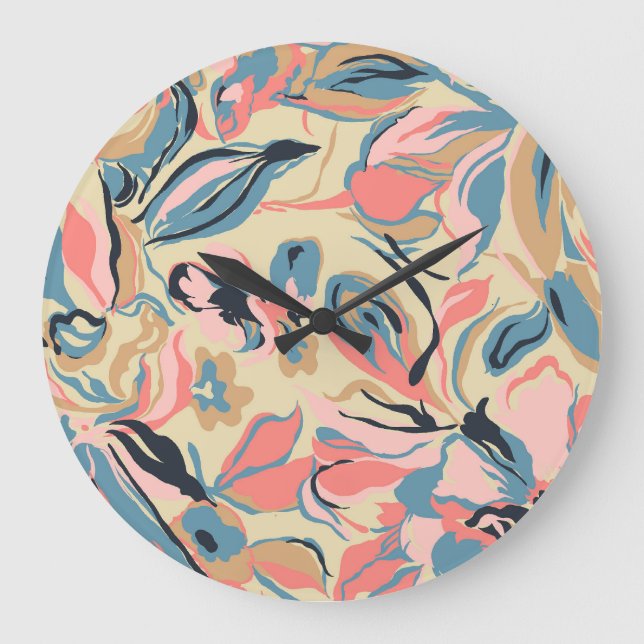Abstract patchwork: geometric floral cream. large clock (Front)