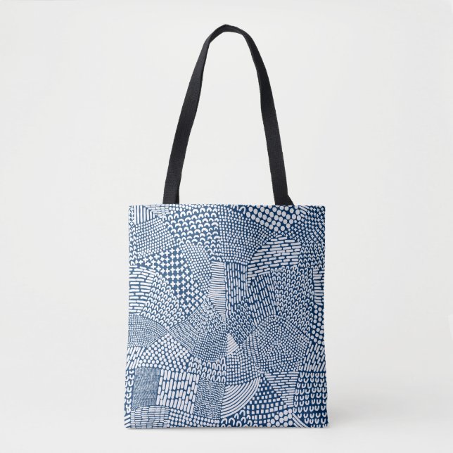 Abstract Patchwork Map - White on Indigo Dye Blue Tote Bag (Front)