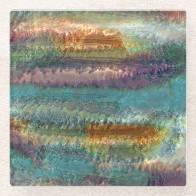 Abstract patina green copper leaves pattern glass coaster (Front)