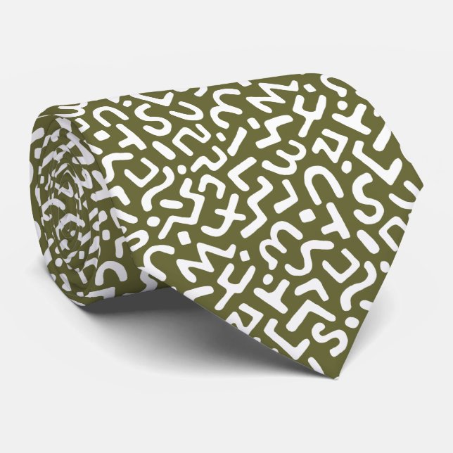 Abstract Pattern 170822 - White on Olive Drab Tie (Rolled)