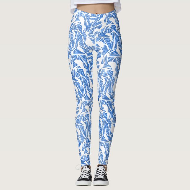 Abstract pattern 2 tones Blue.b White BG Leggings (Front)