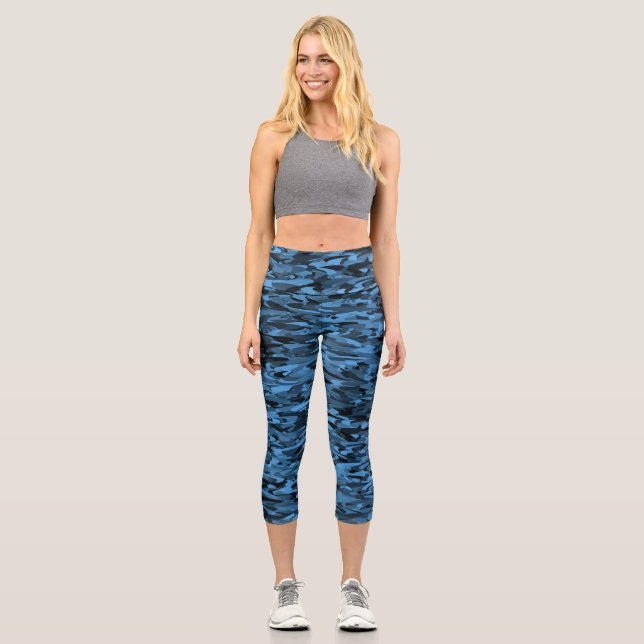 Abstract Pattern Blue Black Capri Leggings (Front)