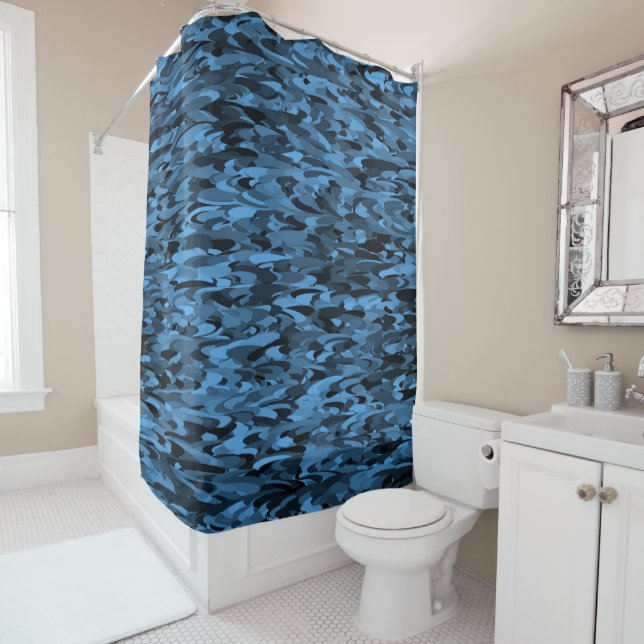 Abstract Pattern Blue Black Shower Curtain (In Situ)