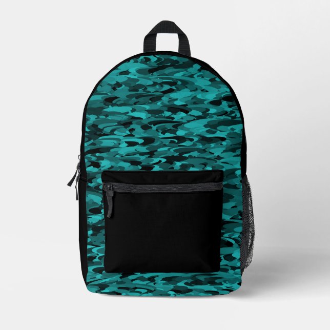 Abstract Pattern Teal Black Printed Backpack (Front)