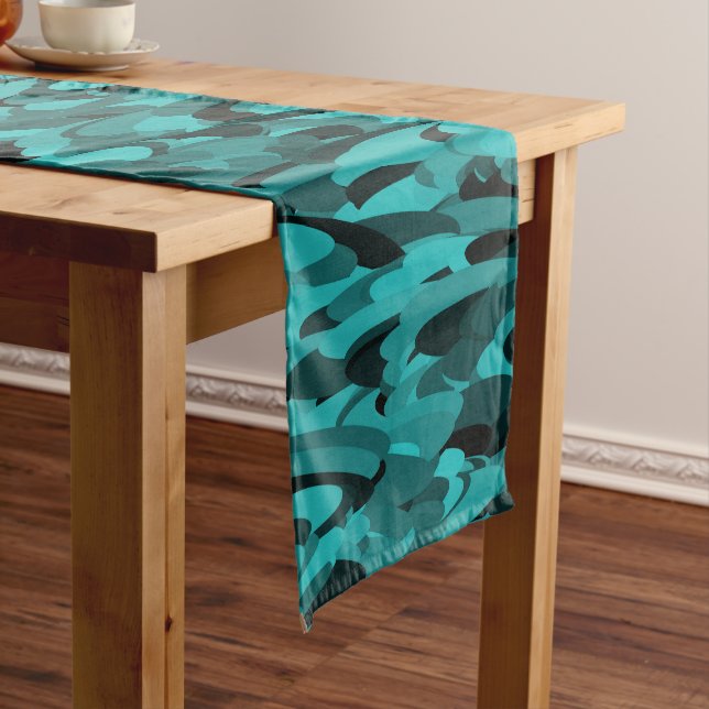 Abstract Pattern Teal Black Short Table Runner (In Situ)