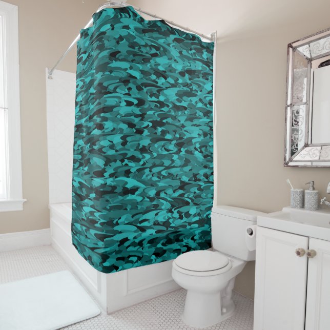 Abstract Pattern Teal Black Shower Curtain (In Situ)