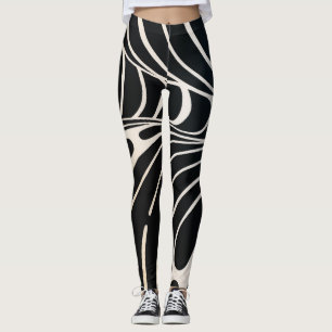 Abstract pattern with black and white wavy lines  leggings