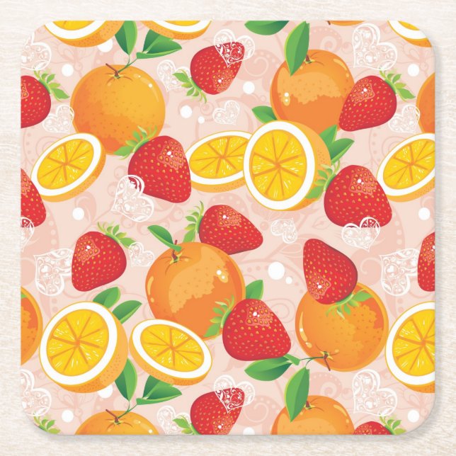 Abstract pattern with strawberry square paper coaster (Front)