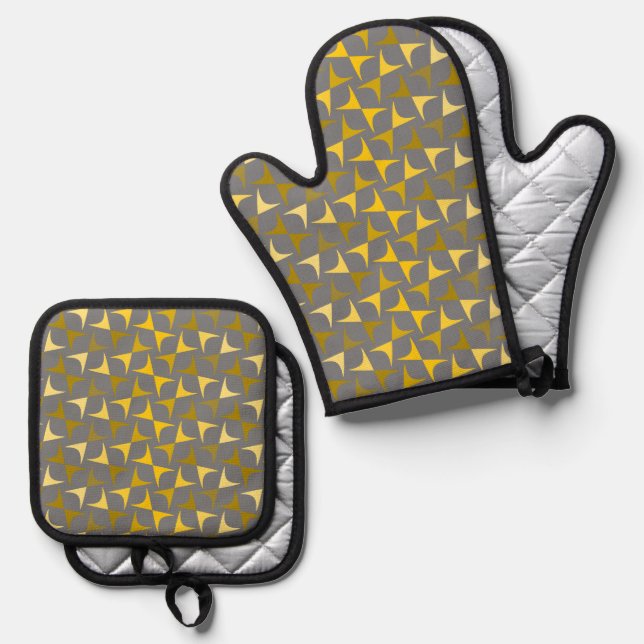 Abstract pattern yellow and grey oven mitt & pot holder set (Front/Back)