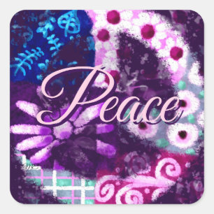Abstract Peace Sign Hippie Art Purple Pink Blue Square Sticker