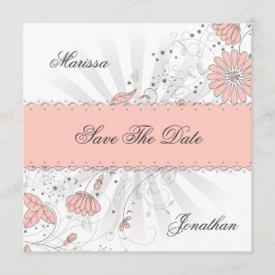 Abstract Peach Flowers Grey Sunburst Save The Date