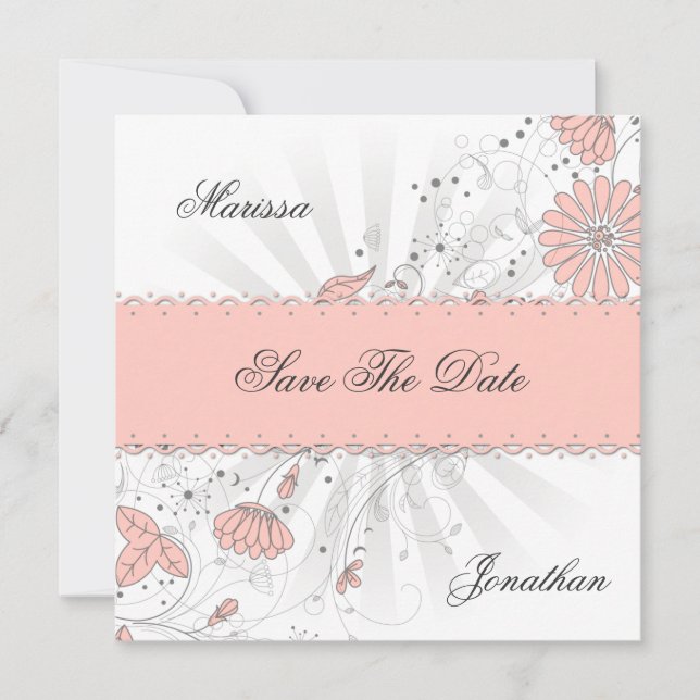 Abstract Peach Flowers Grey Sunburst Save The Date (Front)