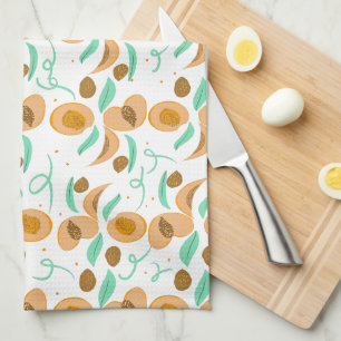 Abstract  Peach Fruit Slices Hand Drawn Pattern   Tea Towel