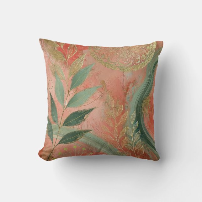 Abstract Peach-Golden Leaf Artwork Style 15 Cushion (Front)