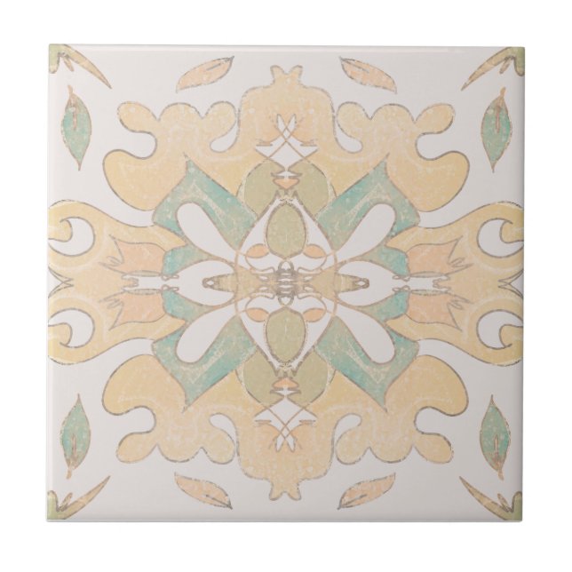 Abstract Peach & Green Botanical Ceramic Tile (Front)