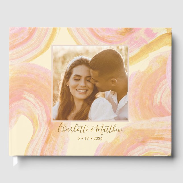 Abstract Peach Paint Swirl Custom Photo Wedding   Guest Book (Front)
