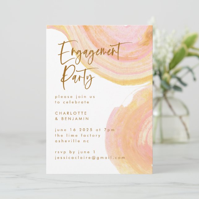 Abstract Peach Pink Paint Swirl Engagement Party Invitation (Standing Front)