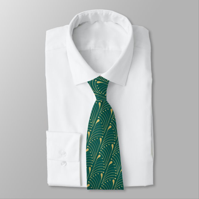 Abstract Peacock Feather Gold Vector Pattern Teal Tie (Tied)
