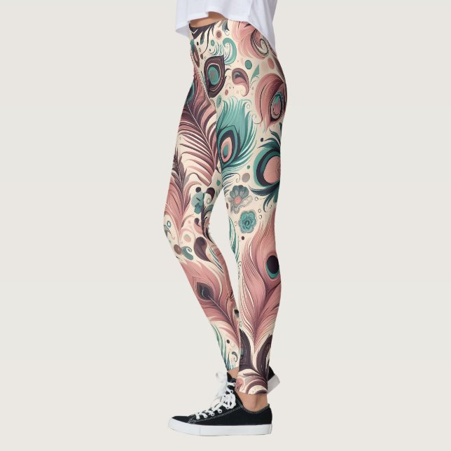 Abstract Peacock Feather Pattern Pink Turquoise  Leggings (Left)