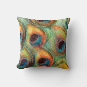 Abstract Peacock Feathers in Blue and Green Orange Cushion